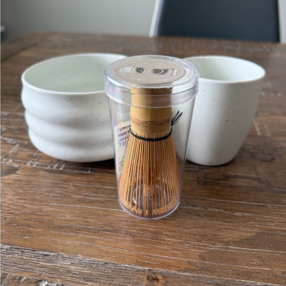 Matcha set with bamboo wisk, bowl, and cup.